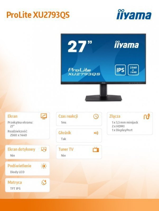 IIYAMA Monitor 27 cali XU2793QS-B1 IPS,WQHD,2xHDMI,DP,2x2W,300cd^m2