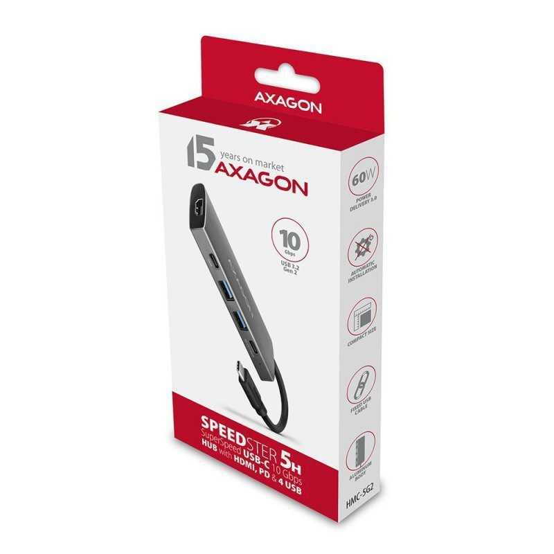AXAGON HMC-5G2 Wieloportowy hub USB 5in1, 10Gbps, 2x USB-A + 2x USB-C + HDMI 4K^60Hz, PD 100W, 13cm USB-C kabel
