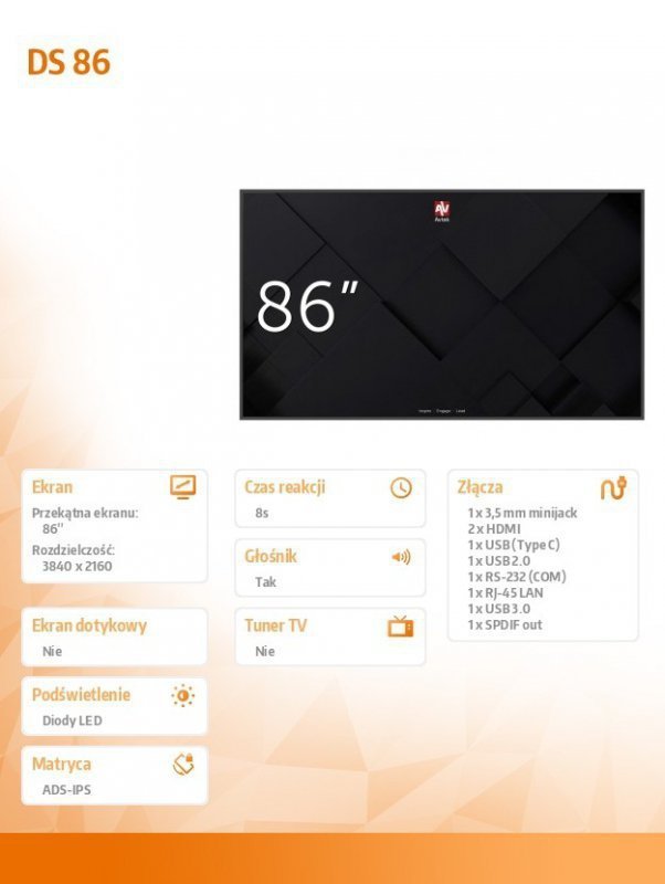 Avtek Monitor informacyjny DS 86&#039; - 18^7 2x10W Android 11.0