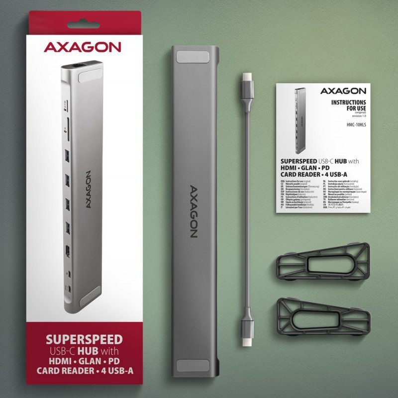 AXAGON HMC-10HLS Wieloportowy hub USB 9in1, 5Gbps, 4x USB-A, HDMI 4K^60Hz, GLAN, SD^microSD, PD 100W, 25cm USB-C kabel