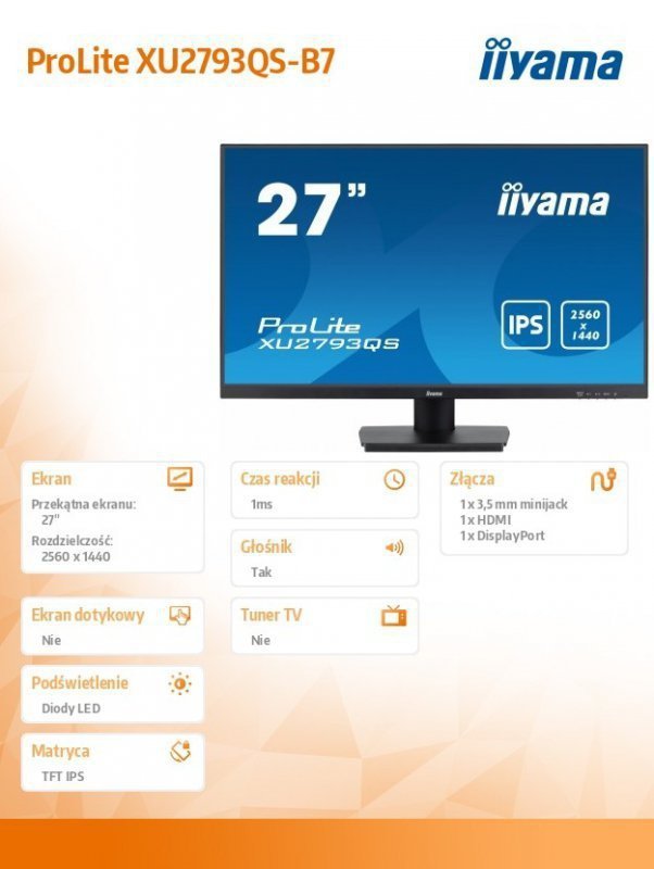 IIYAMA Monitor 27 cali XU2793QS-B7 IPS,QHD,100Hz,HDMI,DP