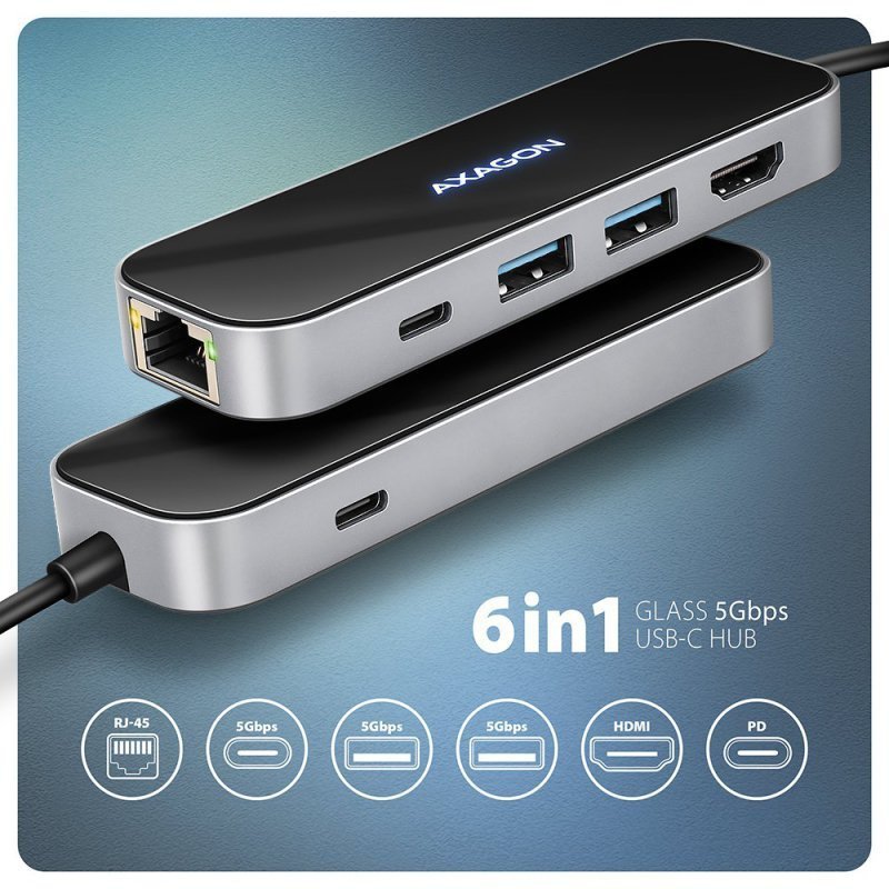 AXAGON HMC-6GLN Wieloportowy hub USB 6in1, 5Gbps, 2xUSB-A, 1x USB-C, GLAN, HDMI 4K^60Hz, PD 100W, 20cm USB-C kabel
