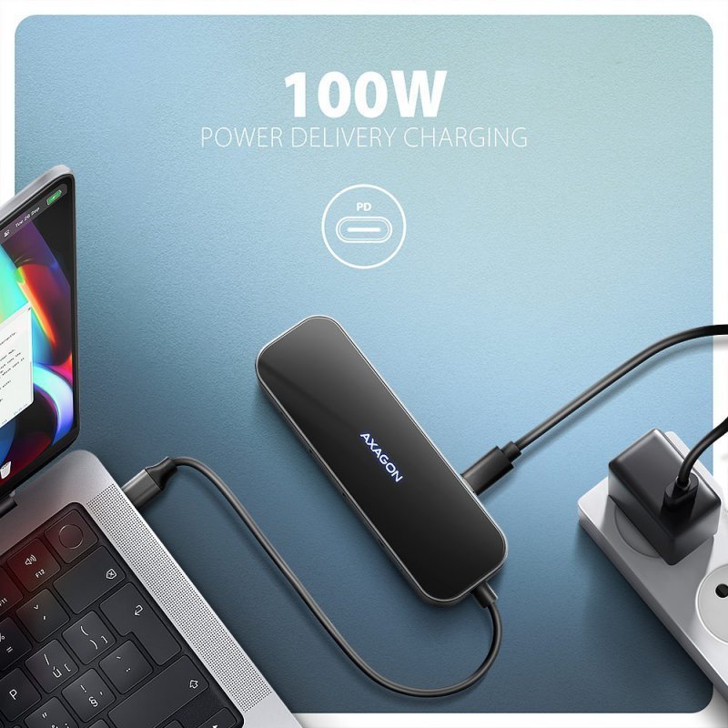 AXAGON HMC-6GLN Wieloportowy hub USB 6in1, 5Gbps, 2xUSB-A, 1x USB-C, GLAN, HDMI 4K^60Hz, PD 100W, 20cm USB-C kabel