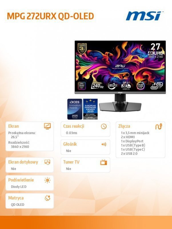 MSI Monitor MPG 272URX QD-OLED LED^UHD^FLAT^240Hz^26.5cala^Black