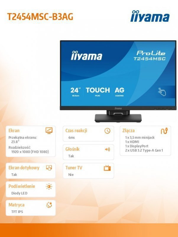 IIYAMA Monitor 24 cale T2454MSC-B3AG 10 PKT. POJ,IPS,HDMI,DP,300cd,FHD,2xUSB,2x2W,