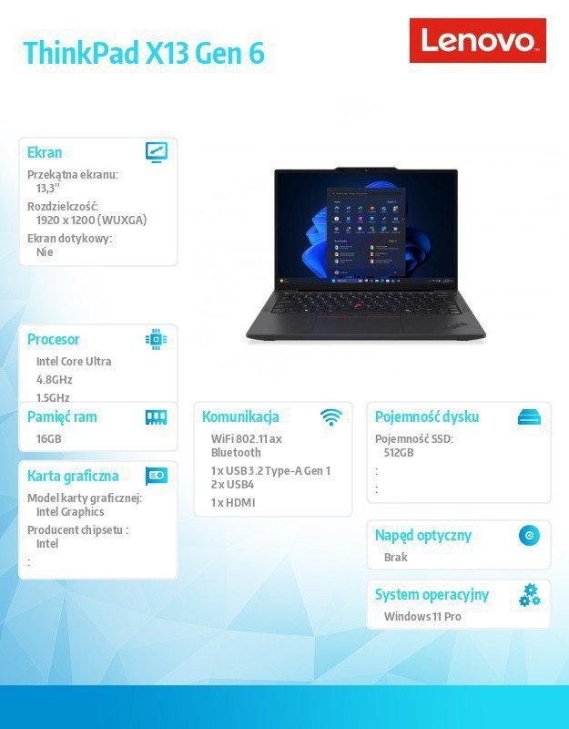 Lenovo Ultrabook ThinkPad X13 G6 21RK005QPB W11Pro Ultra 5 225U^16GB^512GB^INT^13.3 WUXGA^Black^3YRS Premier Support + CO2 Offse