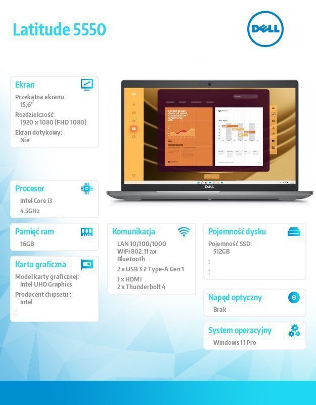 Dell Laptop Latitude 5550 Win11Pro i3-1315U^16GB^512GB^15.6 FHD^UHD^FgrPr^FHD Cam^Mic^WLAN + BT^Backlit Kb^3 Cell^3YPS