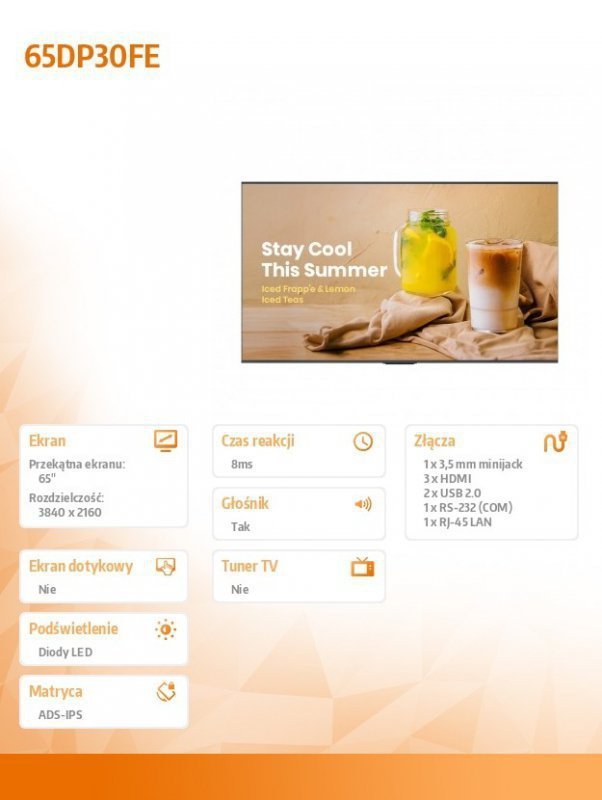 Hisense Monitor 65DP30FE 65 cali 4K UHD ADS Digital Signage Display 16^7