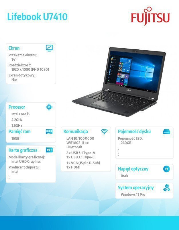 Fujitsu Laptop poleasingowy Lifebook U7410 Core i5-10210U (10-gen.) 1,6GHz ^ 16 GB ^ SSD 240 GB ^ 14.0 Full HD ^ Win 11 Pro