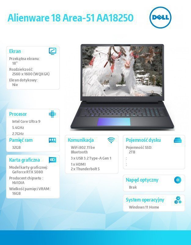 Dell Laptop Alienware 18 Area-51 AA18250 Win11 Home^ Core Ultra 9 275HX^32GB^2TB^18.0^NVIDIA GeForce RTX 5080^Cam FHD^2Y Alienwa