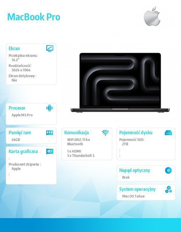 Apple MacBook Pro 14.2 cala: M5 Pro 18^20, 24GB, 2TB SSD, bez zasilacza - Gwiezdna czerń