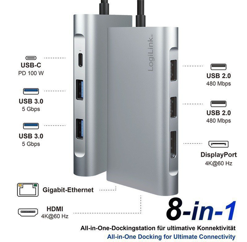 LogiLink Stacja dokująca USB3.2 ,USB-C, 8-portow, PD