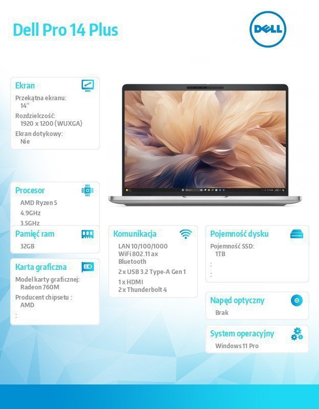 Dell Laptop Dell Pro 14 Plus PB14255 W11P Ryzen 5 PRO 230^32GB^1TB^FPr&SmtCd,RJ-45^FHD IRCam&Mic^WLANonly+BT^14.0 FHD+ 400nit^76