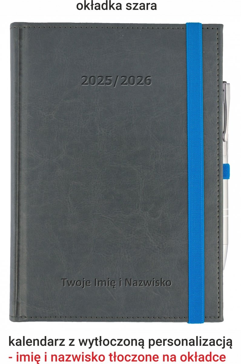 kalendarz książkowy na rok szkolny 2025/26, dla pedagogów z wytłoczonym imieniem i nazwiskiem