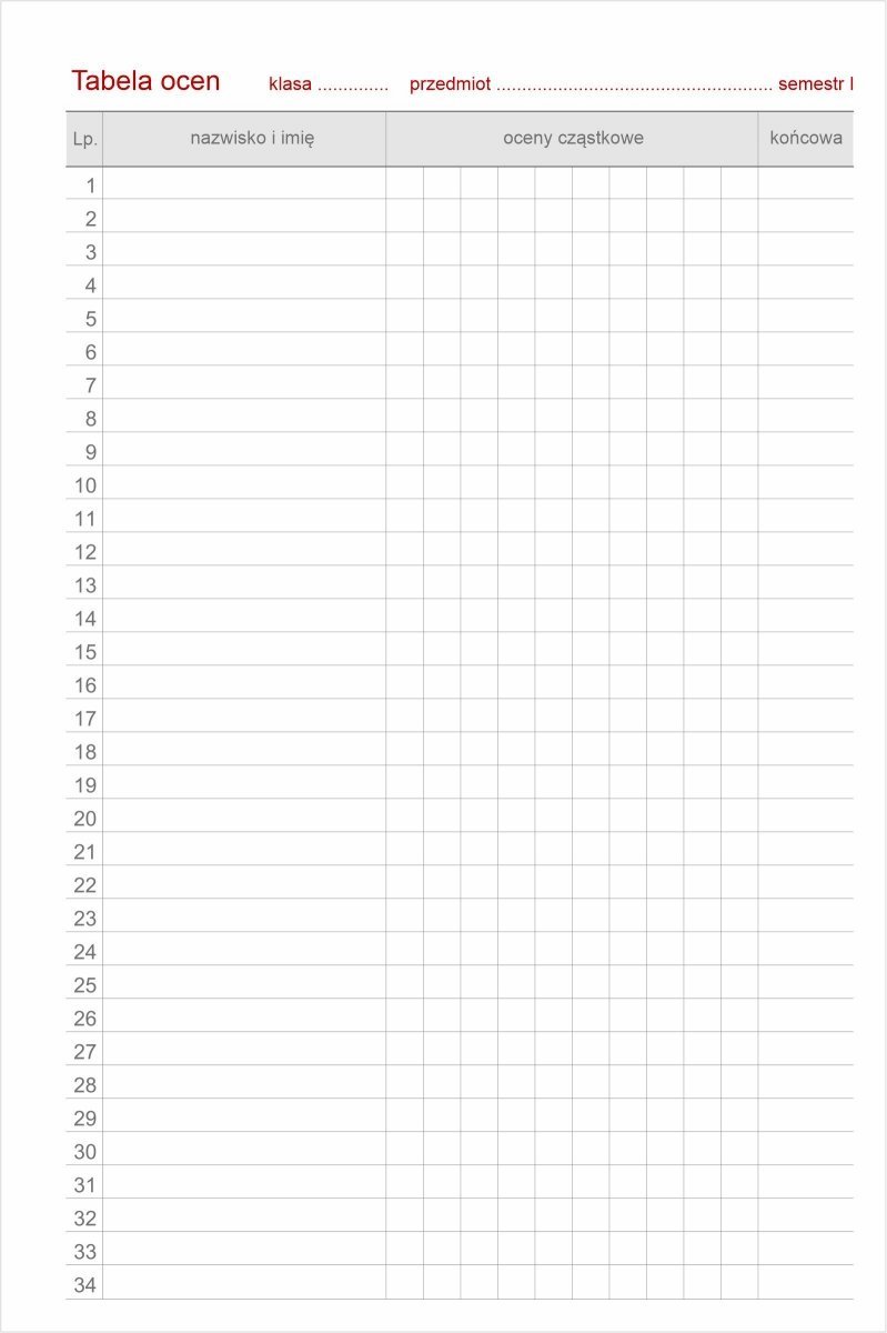 tabela ocen dodatkowa do kalendarza nauczyciela