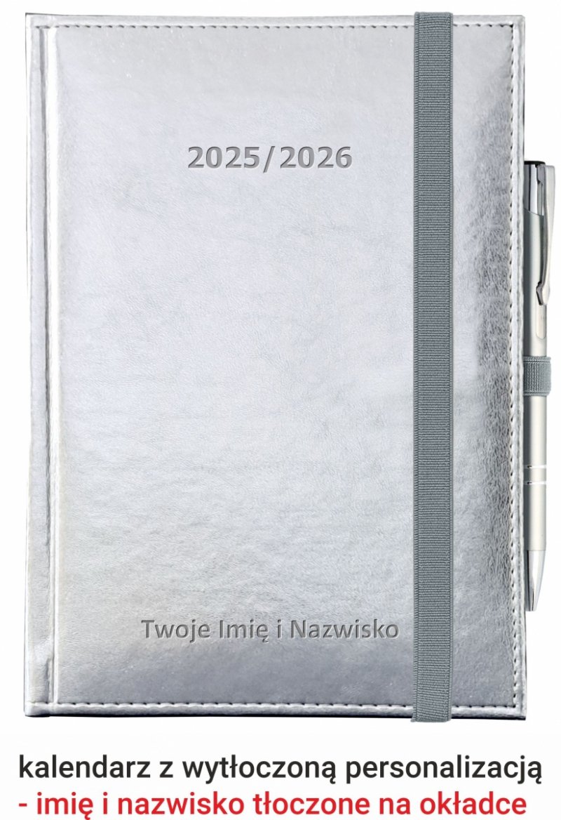 kalendarz zamykany na gumkę z imieniem i nazwiskiem na okładce dla nauczyciela na rok 2025/26
