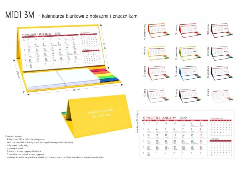Kalendarz biurkowy z notesami i znacznikami MIDI 3-miesięczny 2022 żółty