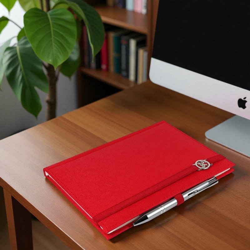 Kalendarz książkowy 2026 A5 dzienny papier chamois wycinane registry oprawa z zamykaniem na gumkę i mocowaniem na długopis ROSSA VIU czerwona Z NADRUKIEM LOGO