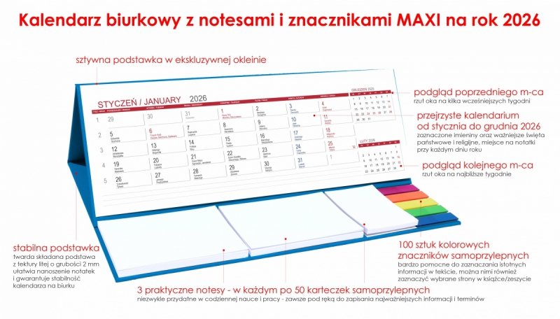 Kalendarz biurkowy z notesami i znacznikami samoprzylepnymi MAXI 2026 niebieski