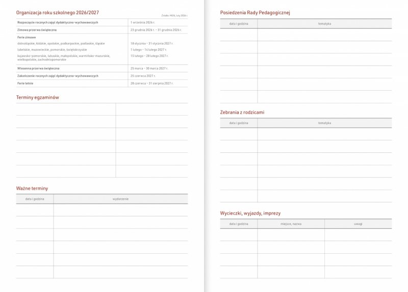 kalendarz książkowy na rok szkolny 26/27 z tabelami dla nauczyciela 