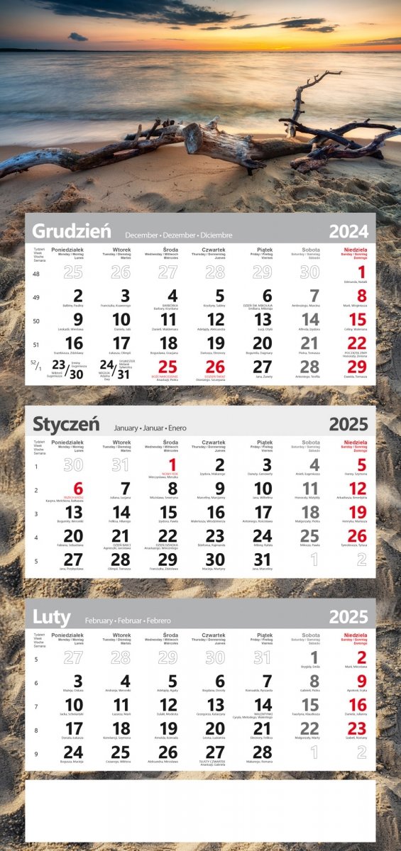 kalendarz TRÓJDZIELNY poster na rok 2025 Bałtyk