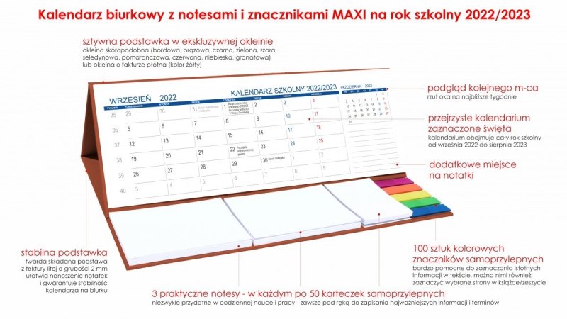 Kalendarz biurkowy z notesami i znacznikami MAXI na rok szkolny 2022/2023 - opis