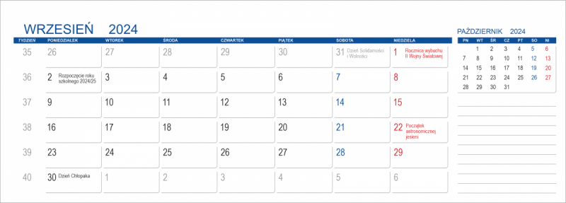Kalendarz szkolny na rok 2024/2025 z miejscem na notatki