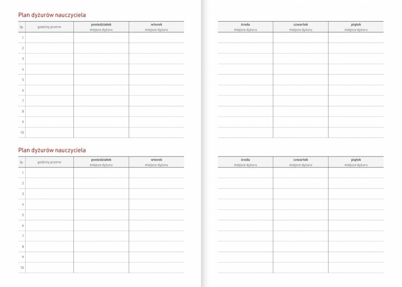 kalendarz nauczyciela - plan dyżurów nauczyciela