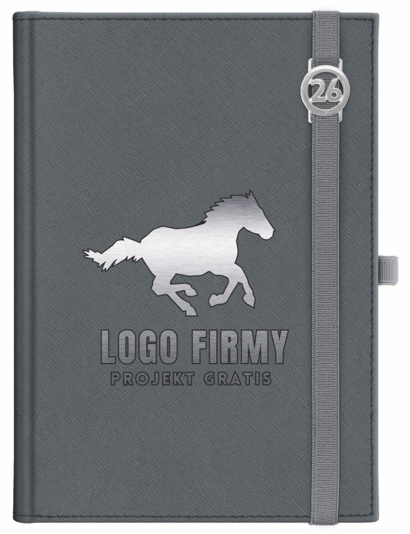 Kalendarz książkowy 2026 A5 dzienny papier chamois wycinane registry oprawa z zamykaniem na gumkę i mocowaniem na długopis ROSSA VIU szara  Z NADRUKIEM LOGO