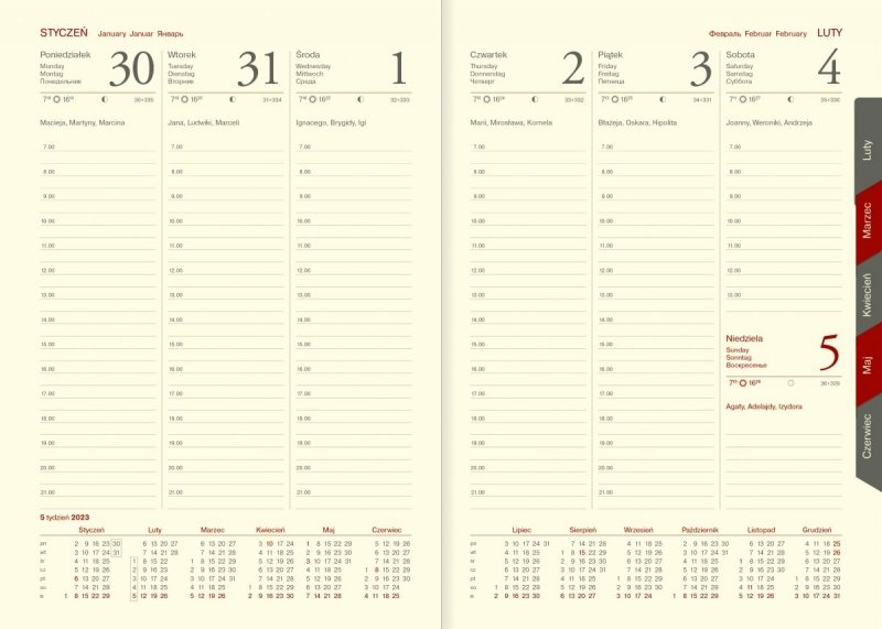 Kalendarz na rok 2023 format A5 w tygodniowym układzie z papierem chamois i wycinanymi registramia 
