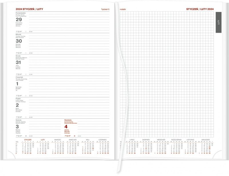 Blok kalendarza A4 tygodniowego z notesem papier biały drukowane registry