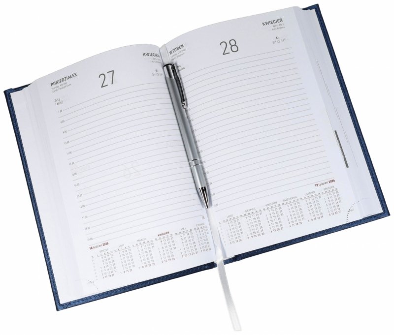 Kalendarz książkowy 2026 A5 dzienny papier biały drukowane registry oprawa ALUMINIUM granatowa