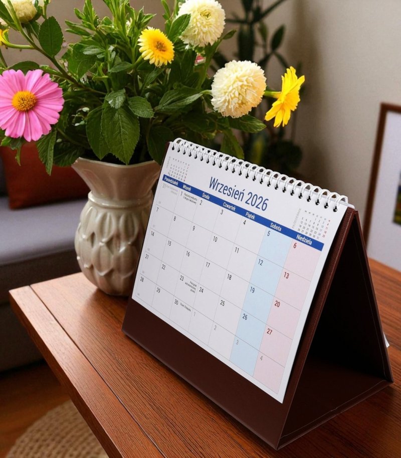 kalendarz na spirali, do postawienia na biurku, dla ucznia na rok szkolny 2026/2027