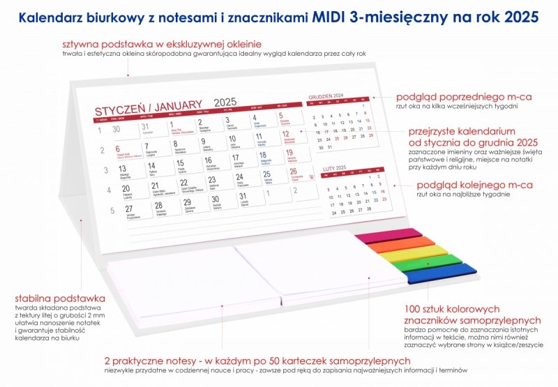 kalendarz biurkowy MIDI 3-miesięczny 2025 na twardej podstawce 