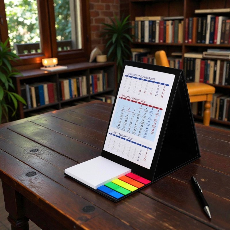 Kalendarz biurkowy z notesem i znacznikami TOP 3-miesięczny 2026 niebieski