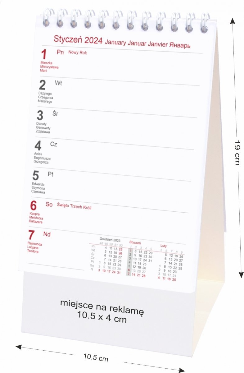Wymiary kalendarza stojącego na podstawce kartonowej 