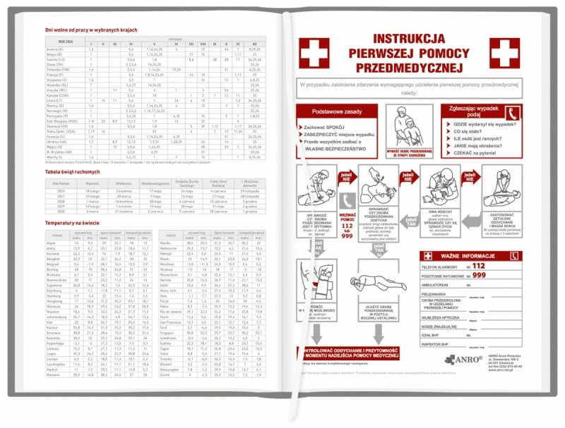 dni wolne od pracy w wybranych krajach, tabela świąt ruchomych oraz instrukcja pierwszej pomocy przedmedycznej