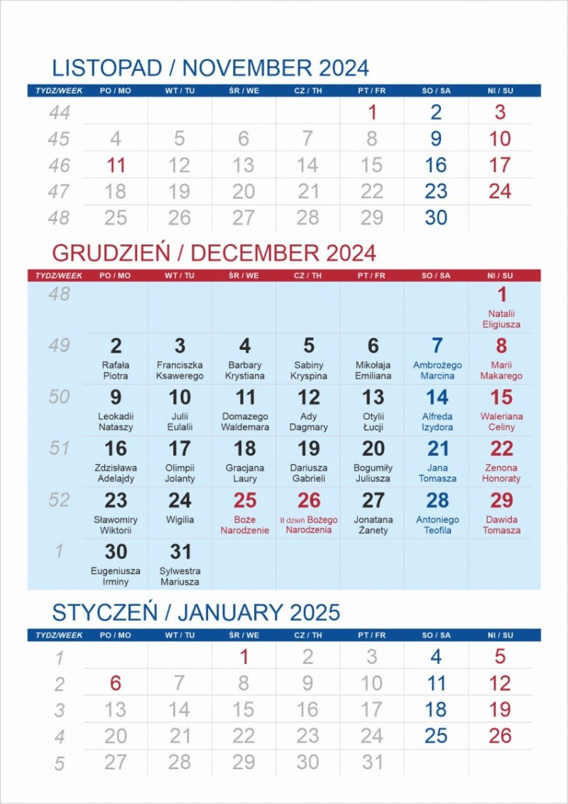 Kalendarium kalendarza TOP 3 miesięczny na rok 2024