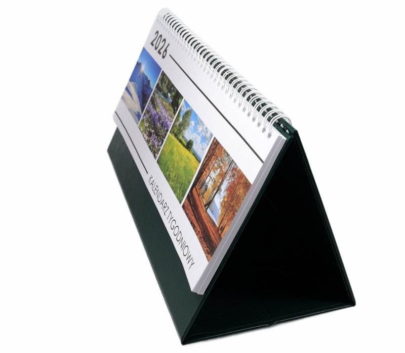 Kalendarz biurkowy stojący na podstawce TYGODNIOWY PREMIUM 2026 ciemnozielony