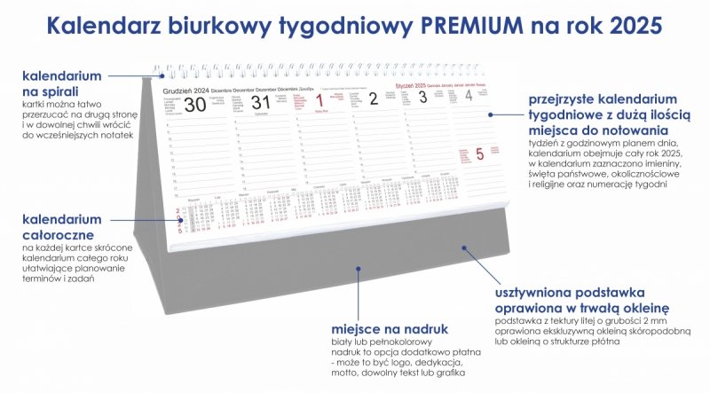 Kalendarz biurkowy stojący na podstawce - kalendarium tygodniowe na rok 2025
