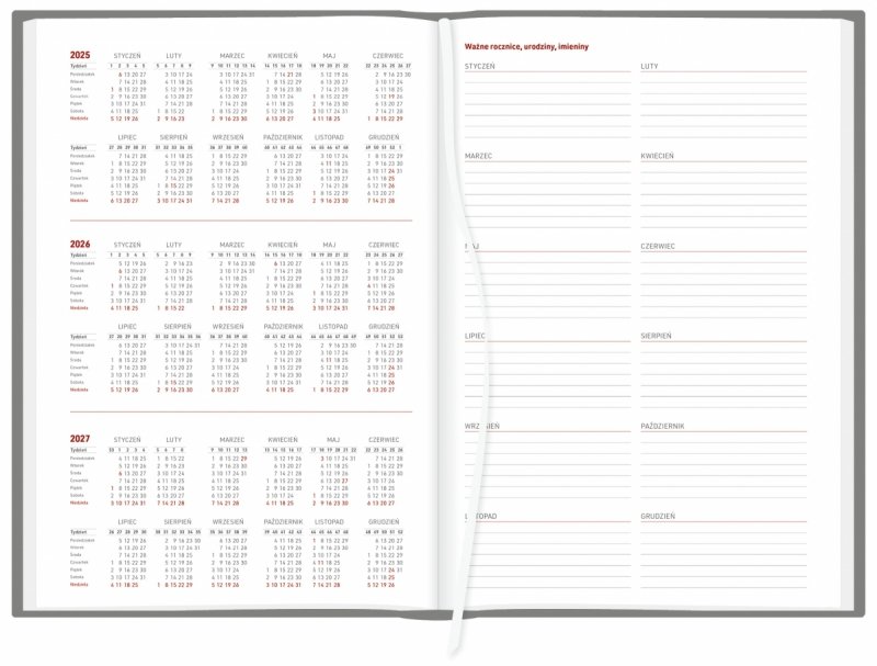 skrócone kalendarium 2025, 2026 i 2027 oraz ważne rocznice, urodziny, imieniny