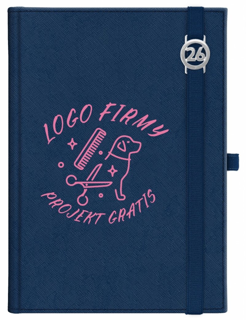 Kalendarz książkowy 2026 A5 dzienny papier chamois wycinane registry oprawa z zamykaniem na gumkę i mocowaniem na długopis ROSSA VIU granatowa Z NADRUKIEM LOGO