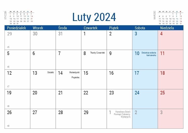Kalendarz biurkowy PLANO dla uczniów i nauczycieli kartka z kalendarium - luty 2024