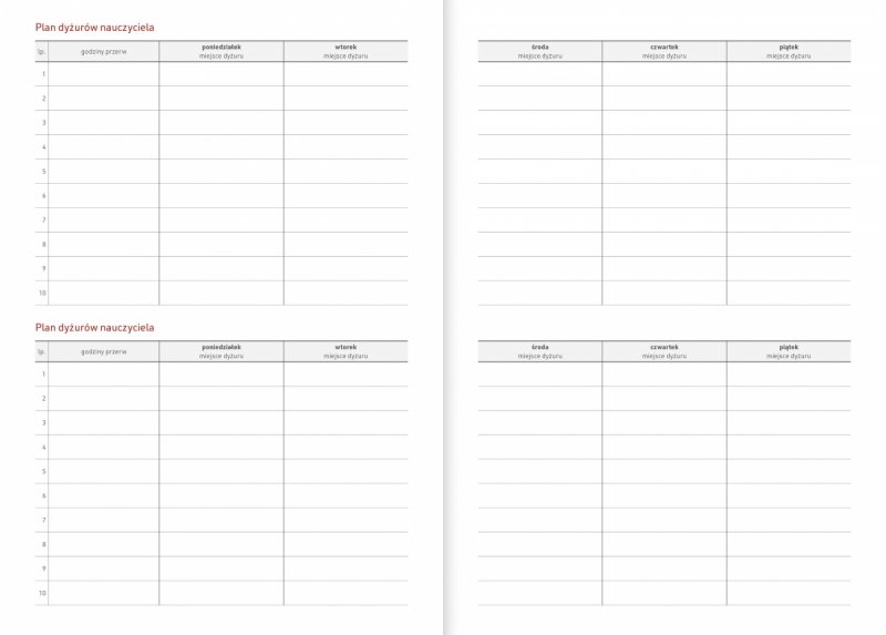 kalendarz nauczyciela - plan dyżurów nauczyciela