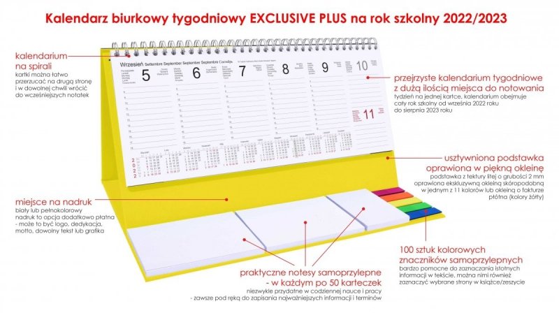 Kalendarz biurkowy tygodniowy z notesami i znacznikami  na rok szkolny 2022/2023 - opis