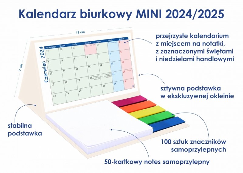 Poręczny kalendarz na biurko z notesem i znacznikami