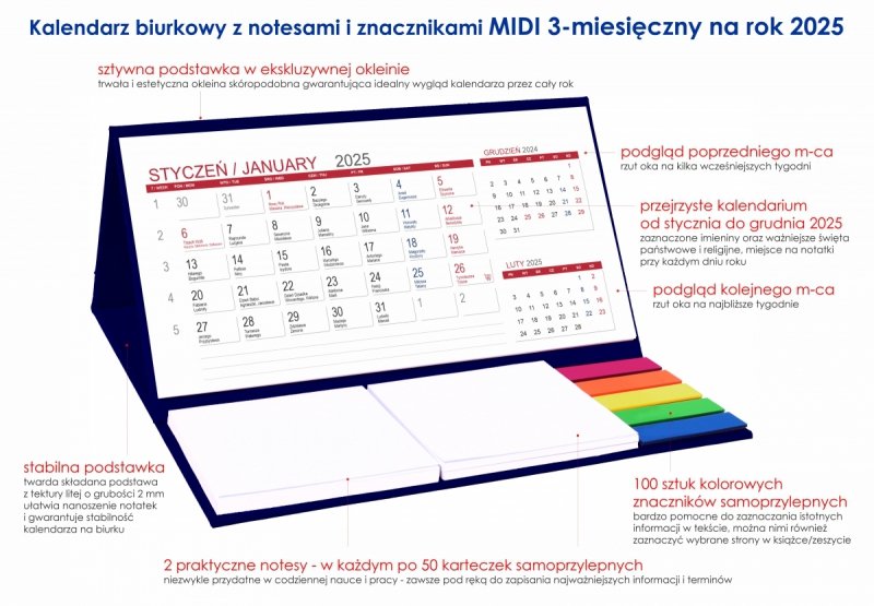 kalendarz biurkowy MIDI 3-miesięczny 2025 na twardej podstawce 