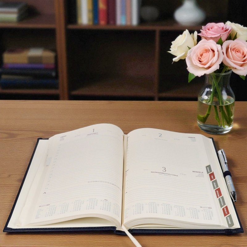 Kalendarz książkowy 2026 B5 dzienny papier chamois wycinane registry oprawa z zamykaniem na gumkę i mocowaniem na długopis ROSSA VIU czarna