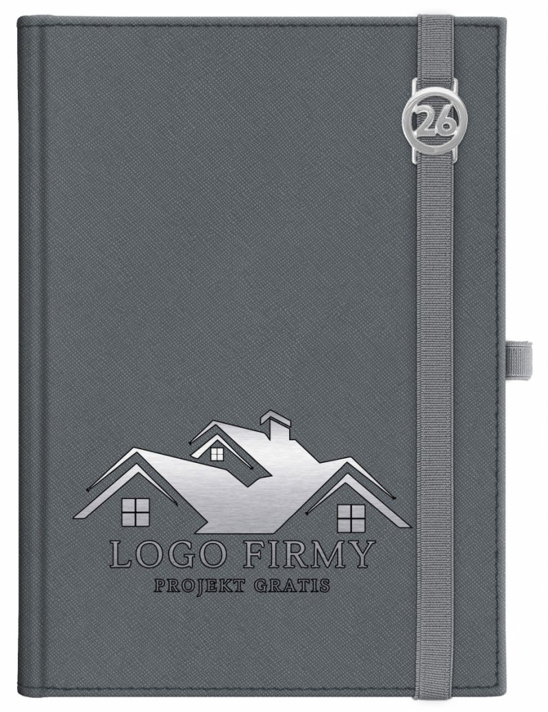 Kalendarz książkowy 2026 A5 dzienny papier chamois wycinane registry oprawa z zamykaniem na gumkę i mocowaniem na długopis ROSSA VIU szara  Z NADRUKIEM LOGO