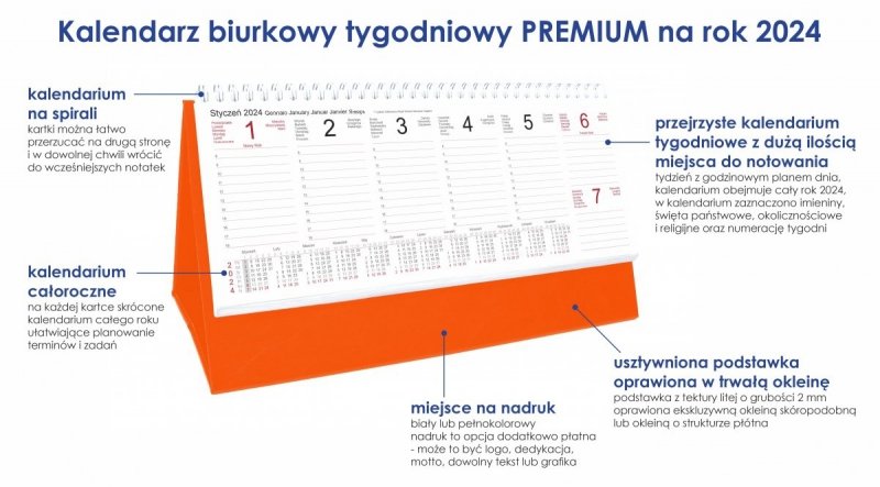 Kalendarz biurkowy stojący na podstawce - kalendarium tygodniowe na rok 2024